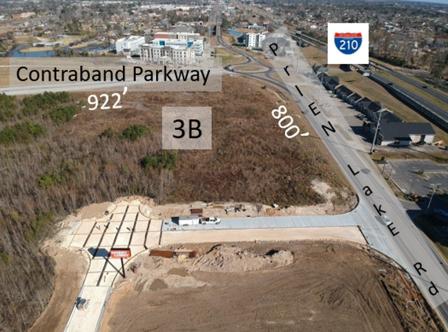 Drone Photo 3B labeled plus measurements along W Prien Lake Rd Contraband Parkway